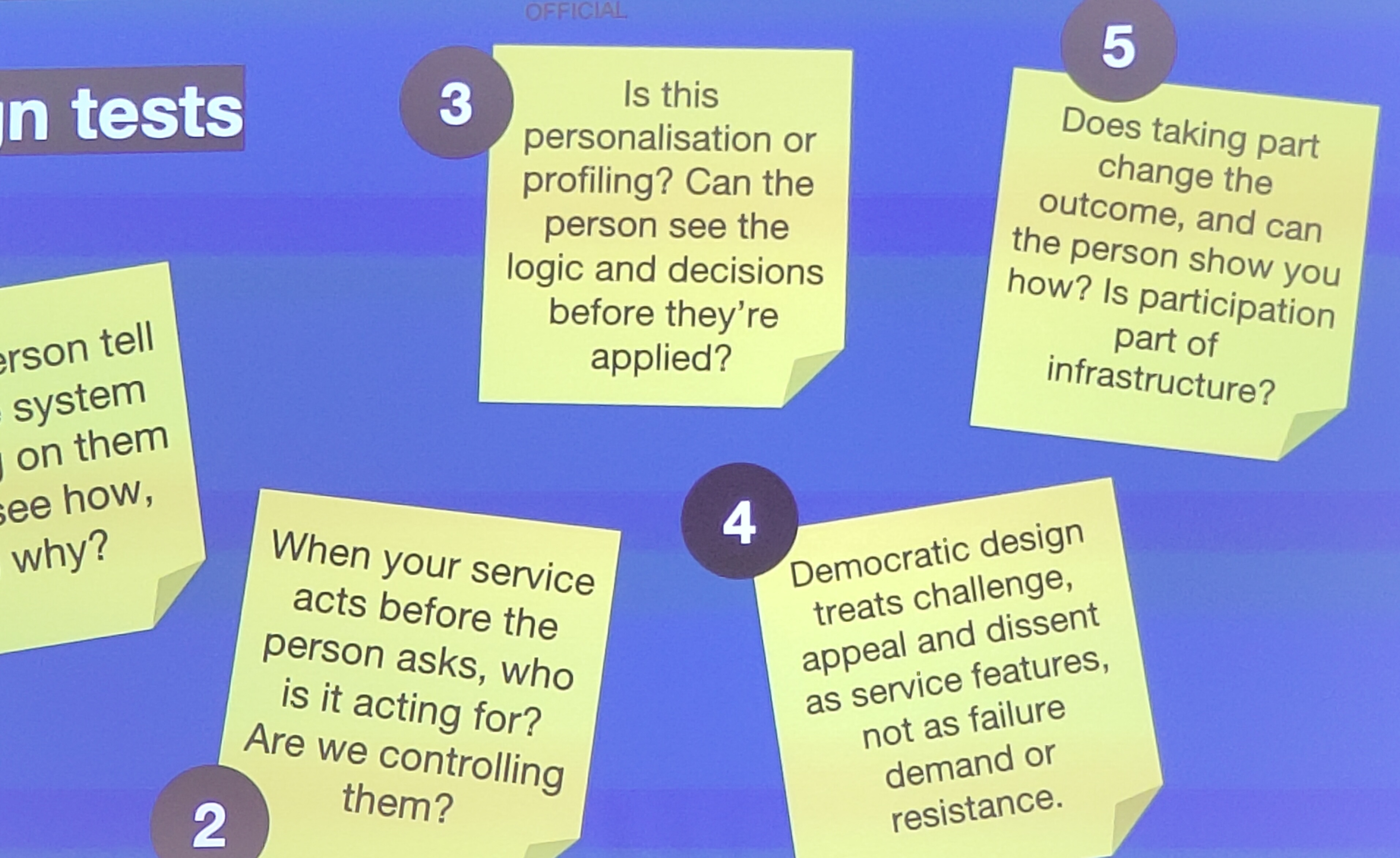 snap of a slide showing design tests for democratic services.