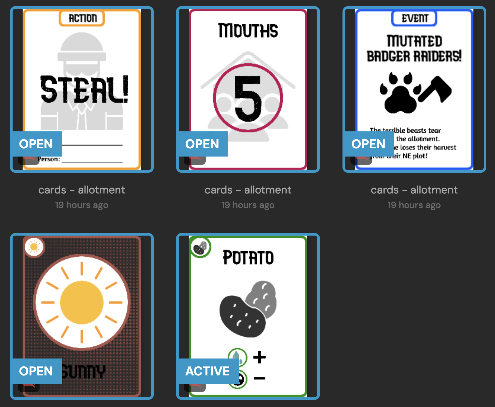 Screenshot of an image editing tool, with thumbnails for 5 game cards, titled: Steal!, Mouths, Event: Mutated badger raiders, Sunny and Potato